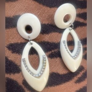 Vintage White Drop Earrings with Clear Rhinestones